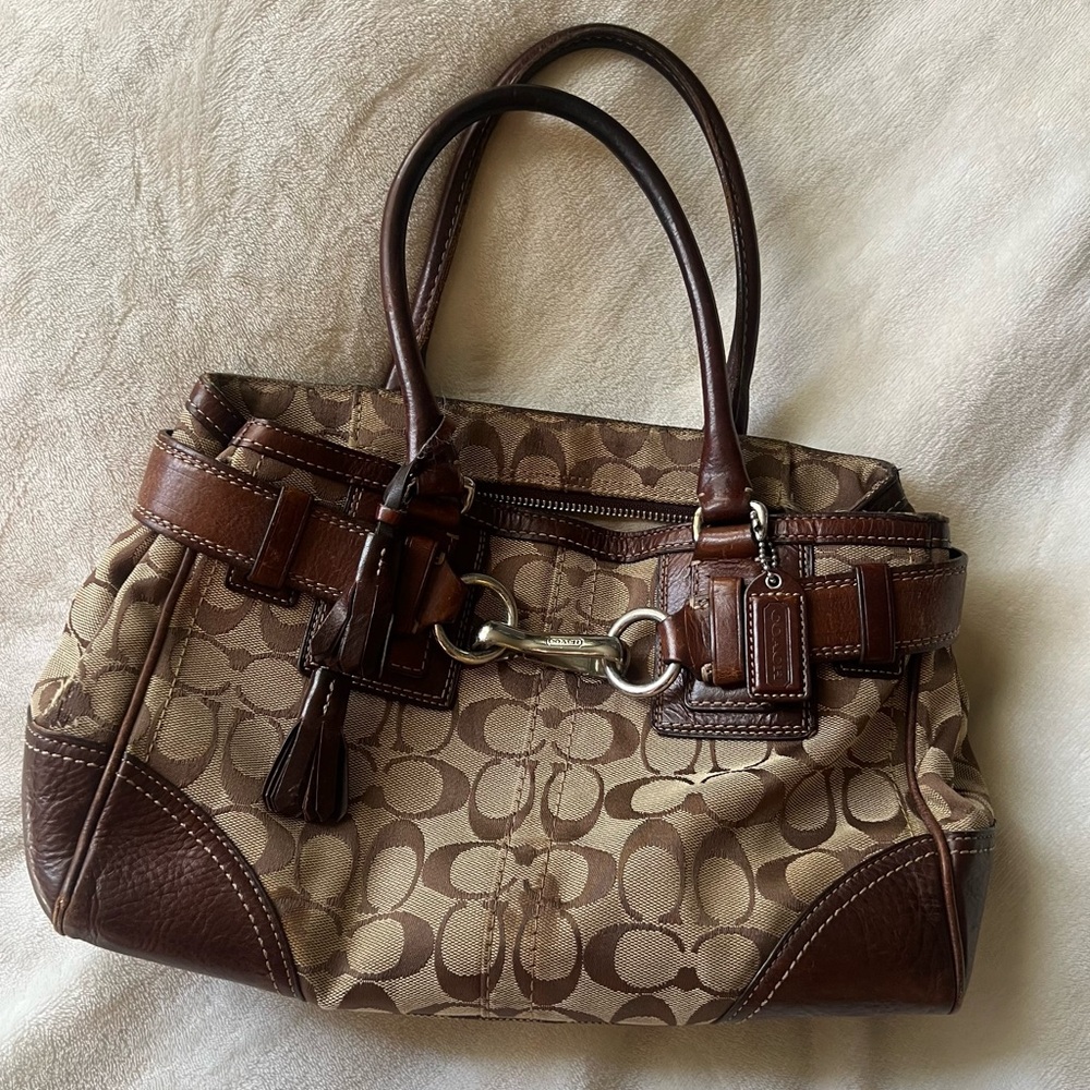 STAINED Coach Hampton Medium Leather Tassel Satchel